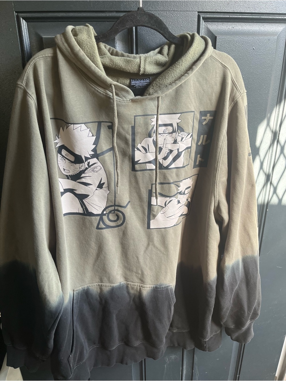 Naruto Graphic Pullover Hoodie - Olive Green & Black Dip Dye
